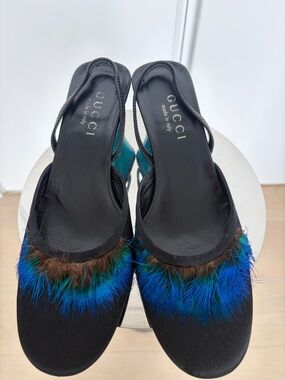 Gucci Tom Ford 1999 Runway Feather Mule Heels Peacock Satin 36 vintage